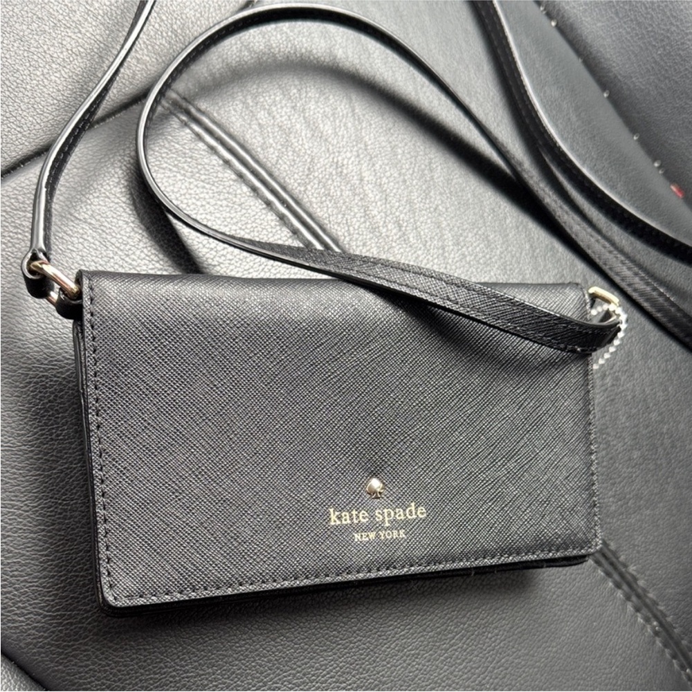 Kate Spade Black Leather Wristlet wallet phone crossbody bag